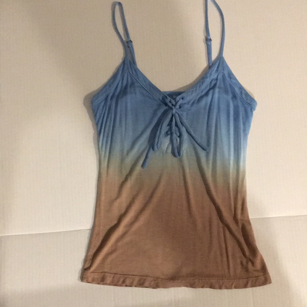 Sexy RETRO W lace up detail. blue & tan tank top. Sz Small
